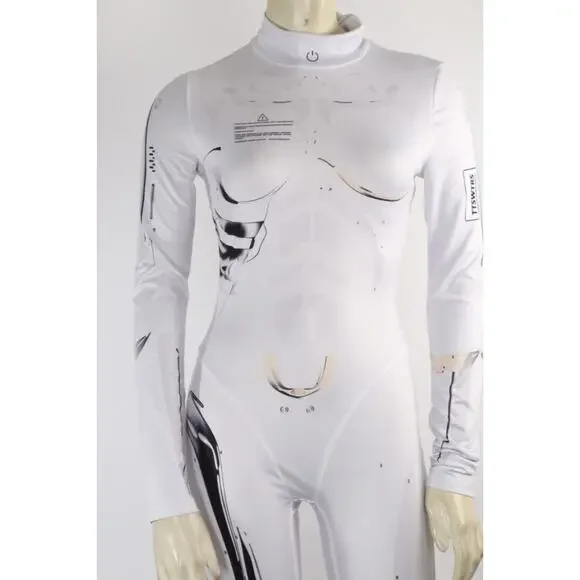 White Robotic Stretch Jumpsuit Tattoo Cyberpunk Longe Sleeve Bodysuit Size XS - Picture 5 of 14